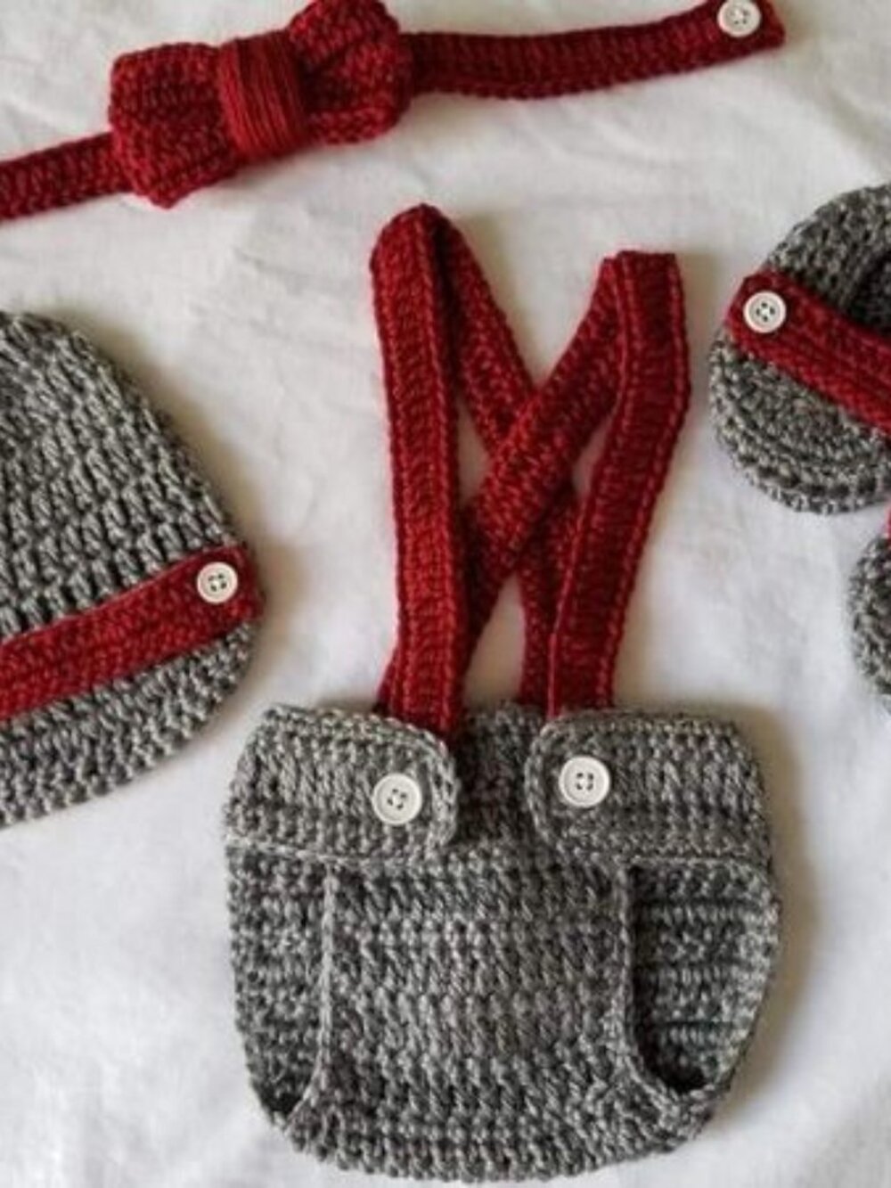 Crochet Baby Boy Suspenders Newsboy Hat Diaper Cover Outfit Photo Prop